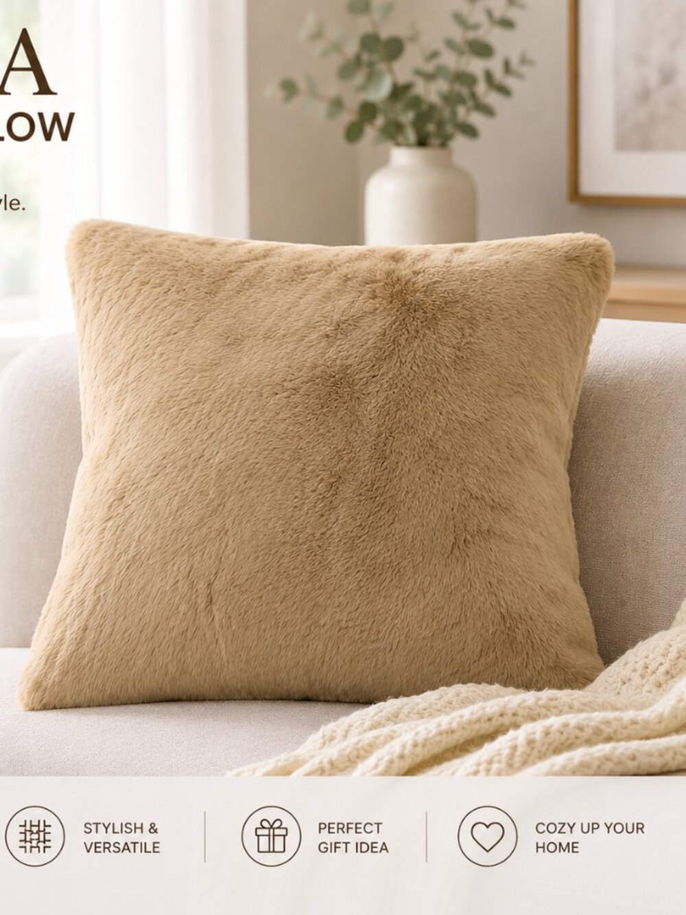 Sierra Tan Faux Fur Throw Pillow – Ultra Soft Plush Decorative Pillow for Sofa,